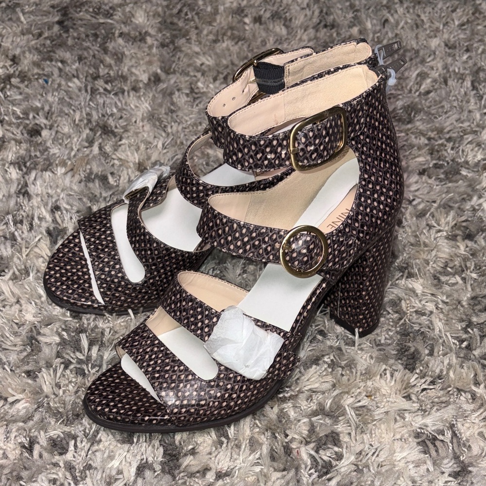 Nine West Women’s Brown Textured Strappy Block Heels Size 8.5